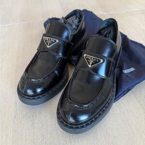 Prada black chocolate brushed leather loafers 38.5